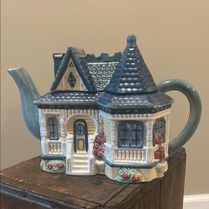 Charming Blue and Cream Cottage Teapot